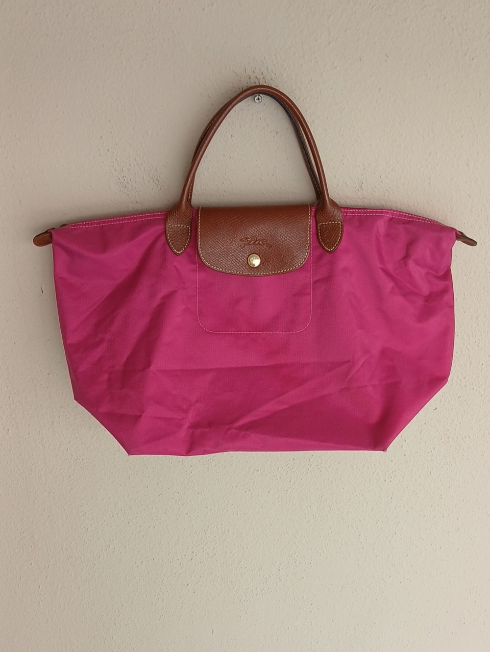 Longchamp Pink Tote with Brown Leather Trim